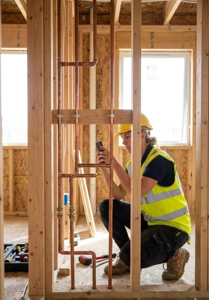 Construction team reviewing plans on site